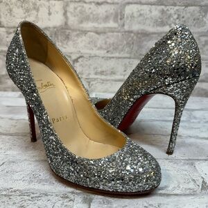 Christian Louboutin Metallic Silver Coarse Glitter Lady Lynch Pumps Size 37 US 7